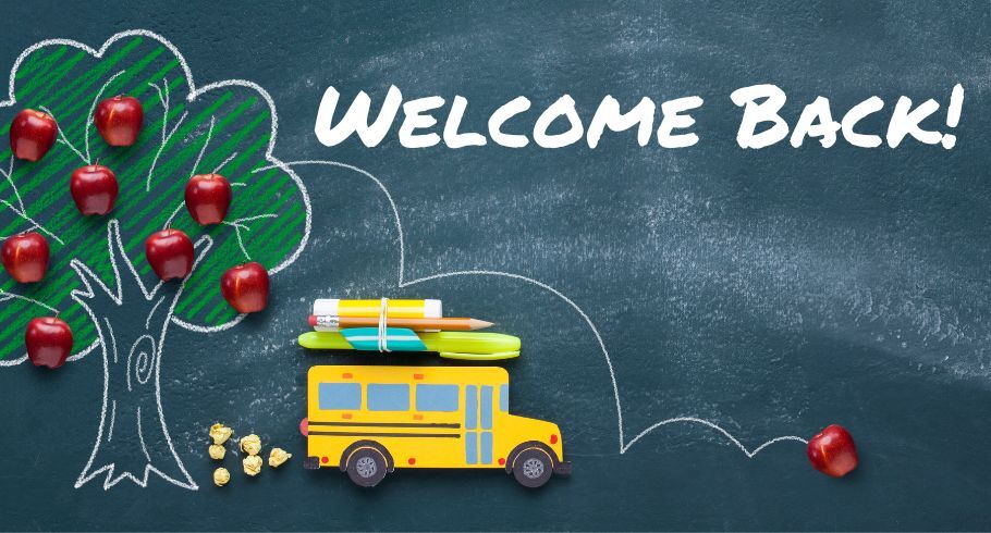 Welcome Back poster with bus and apple tree